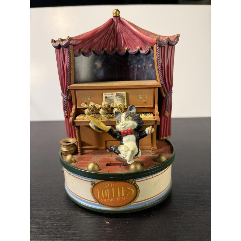 Enesco 1989 The Follies Music Box Motion Cat & Mice On Piano Vtg Vaudeville